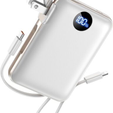 Portable Charger with Built-in Cables & Wall Plug, 10000mAh Power Bank, 4 Outputs 22.5W USB C Fast Charging, Slim Travel Battery Pack with LED Display White