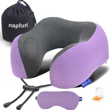 napfun Neck Pillow for Travel with Travel Pouch, Sleep Mask & Earplugs, Memory Foam Airplane Pillow for Headrest Sleep with Eyeshades, Plane Essentials with Eye Blindfold, Light Purple Striped Kit